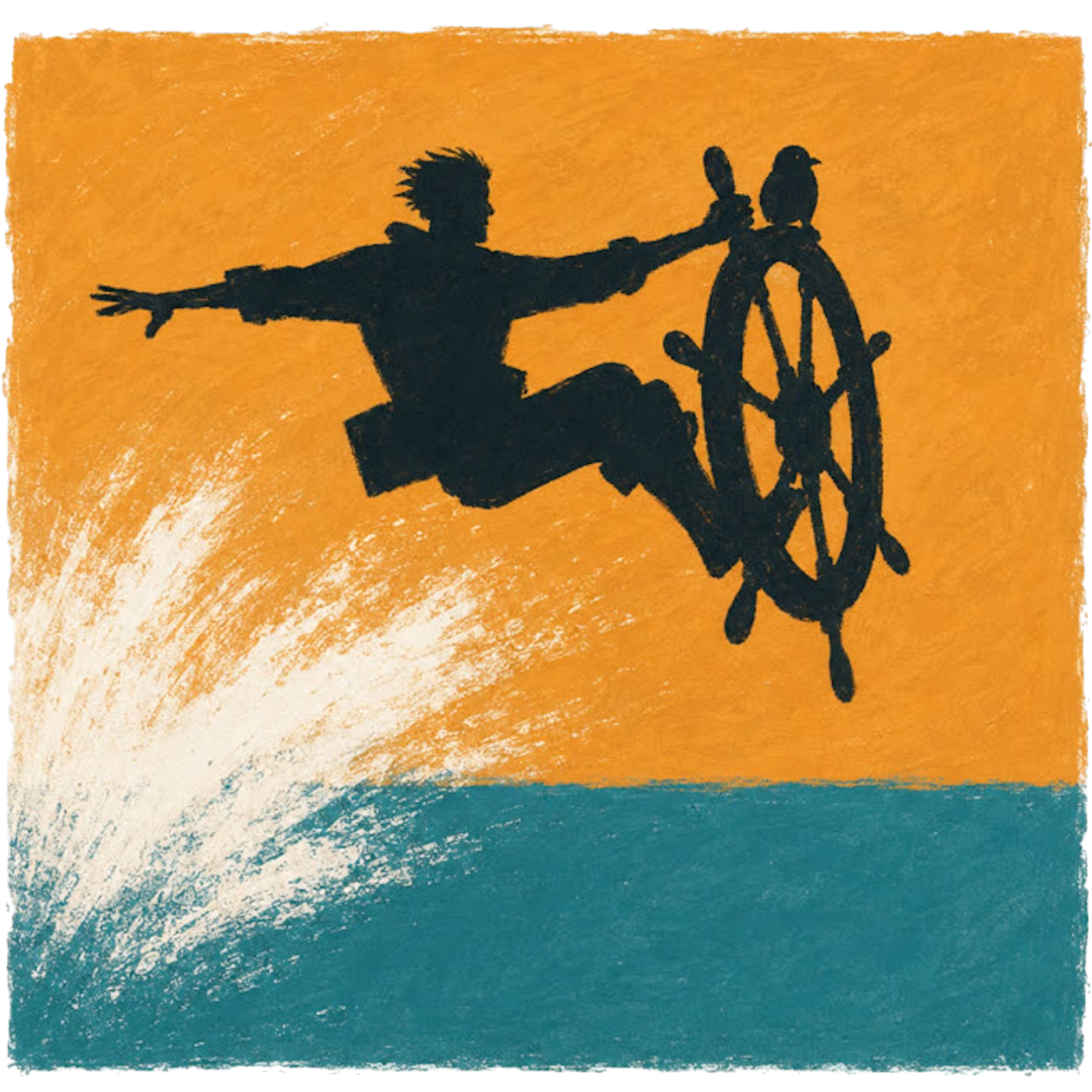 KUBETUX FILMS studio mark — a silhouetted rider surfing a ship's wheel with a penguin